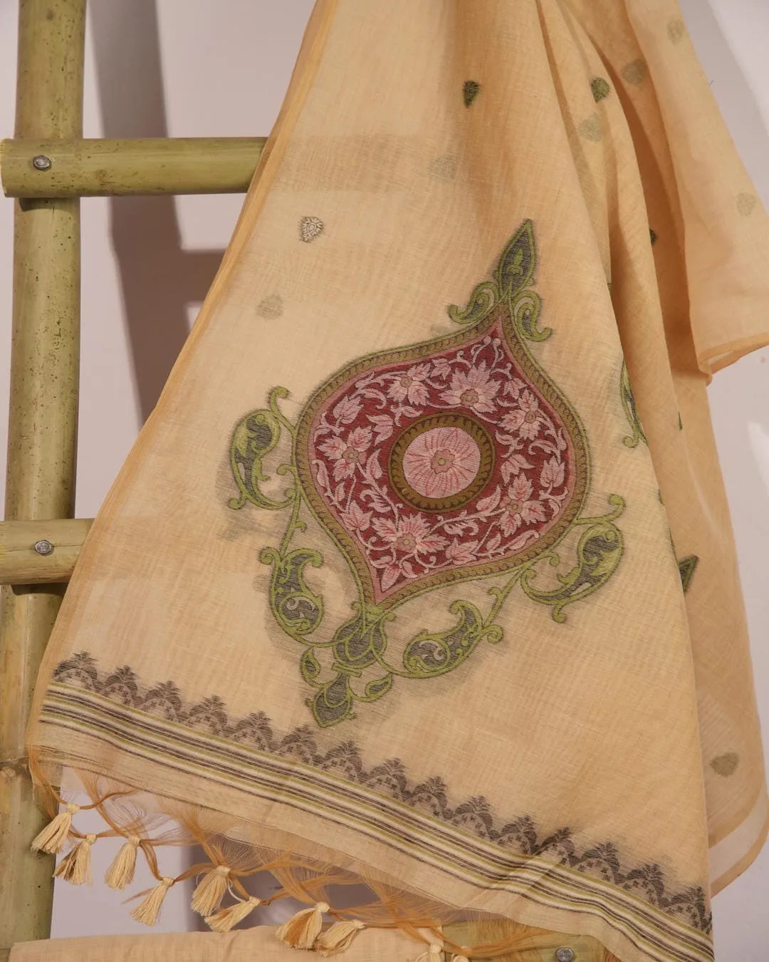 Pink Paisley Muga Cotton Unstitched Suit Material with Printed Dupatta