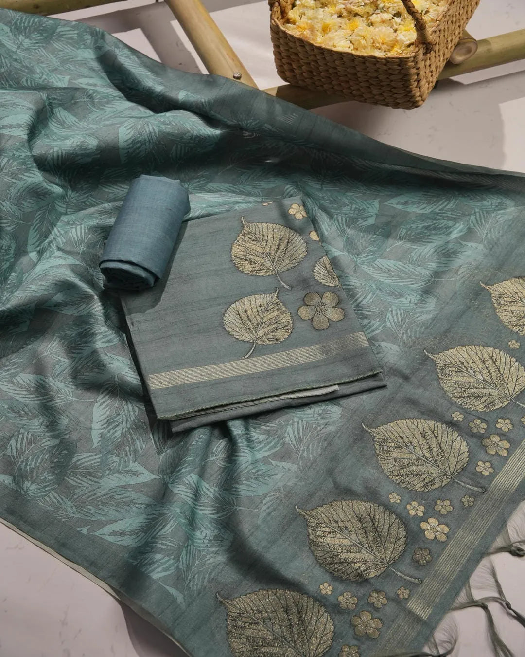 Dusty Rose Leaf Motif Semi Tussar Silk Unstitched Suit Material with Zari Border