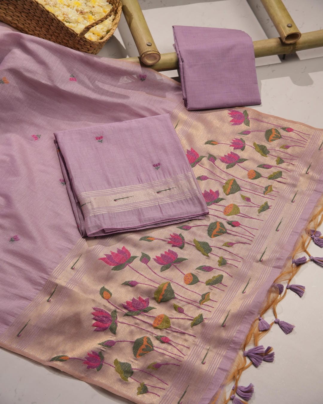 Cream and Multicolored Muga Cotton Unstitched Suit Set