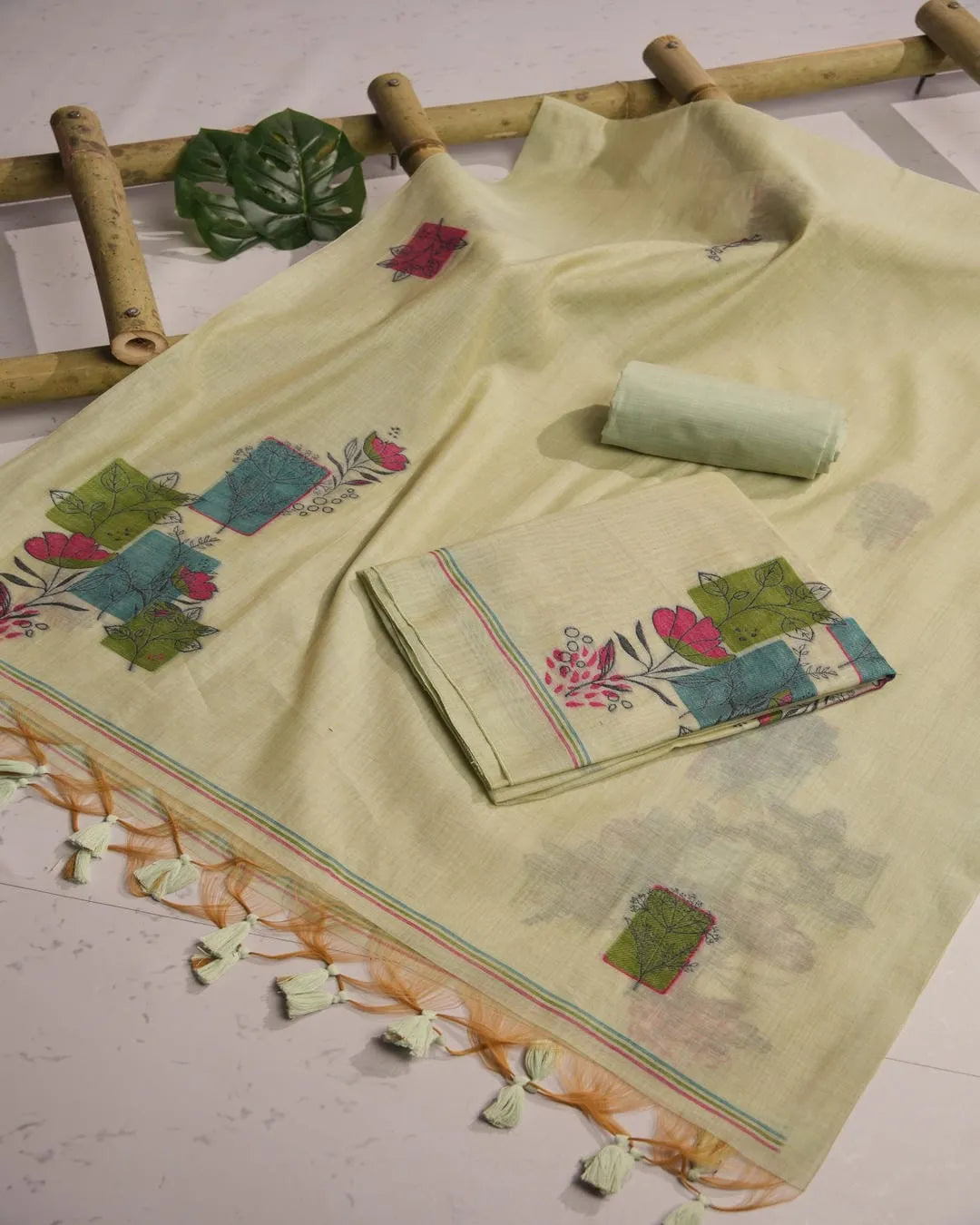 Cream Muga Cotton Unstitched Suit Material with Floral Blocks