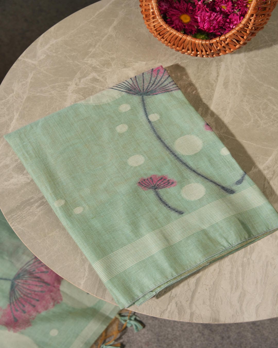 Blush Coral Muga Cotton Hand-Woven Unstitched Suit Set with Purple Floral Art