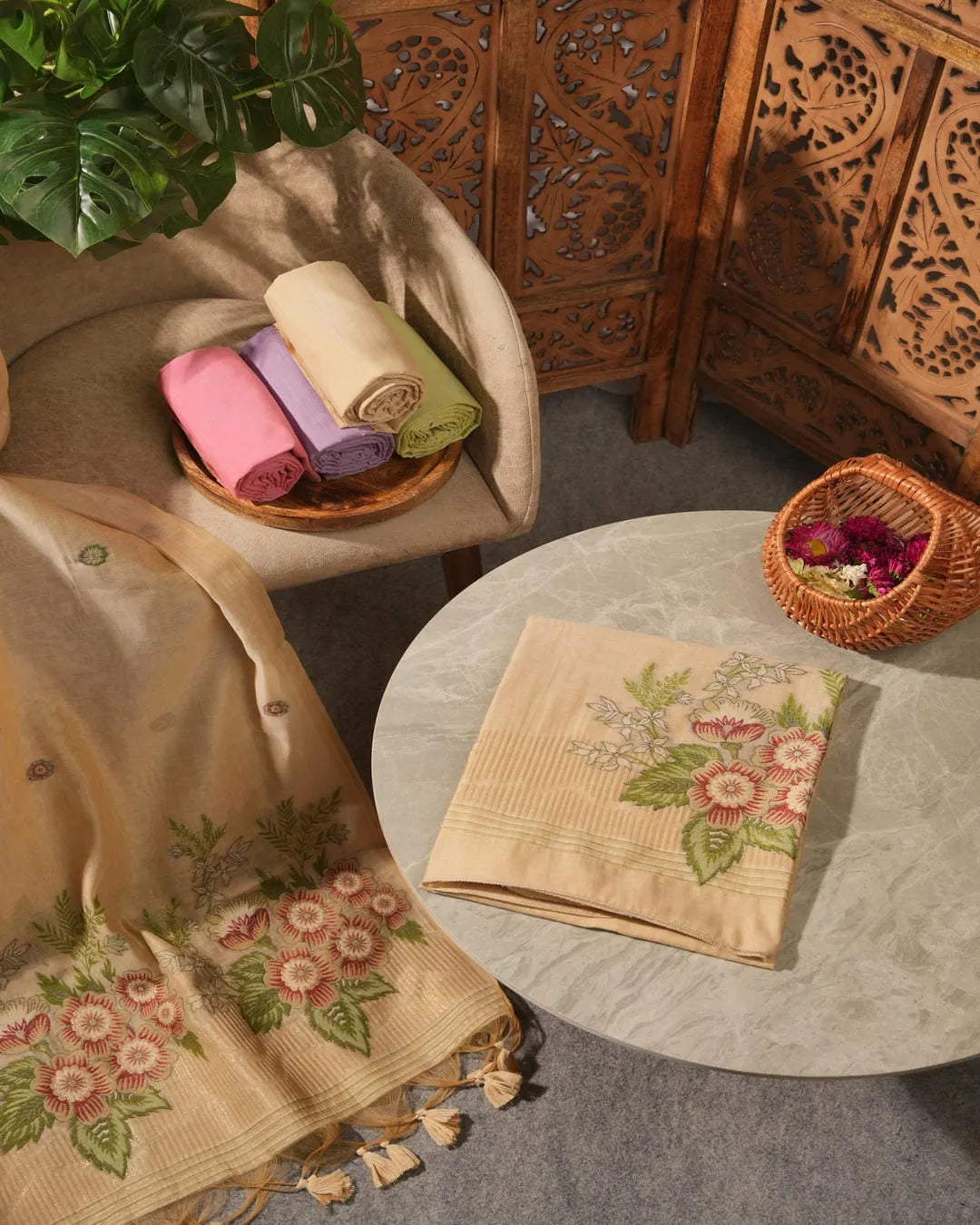 Purple Muga Cotton Unstitched Suit Material with Floral Embroidery