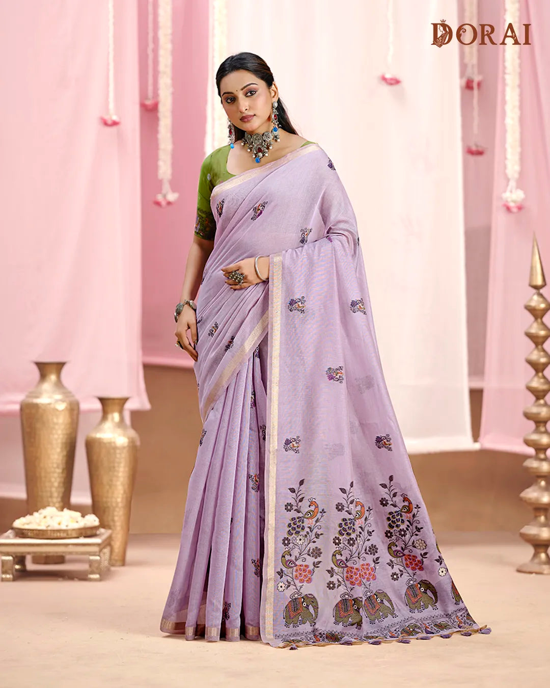 Yellow Muga Cotton Saree with Peacock and Elephant Pallu