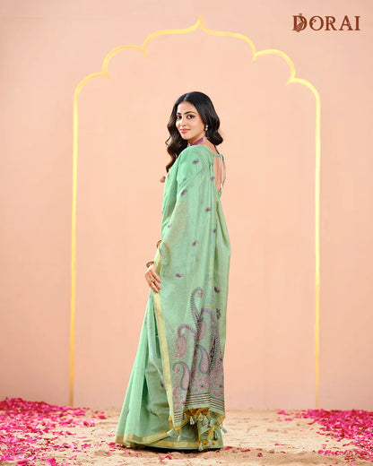 Azure Heritage – Sky Blue Muga Cotton Saree with Mango Motifs