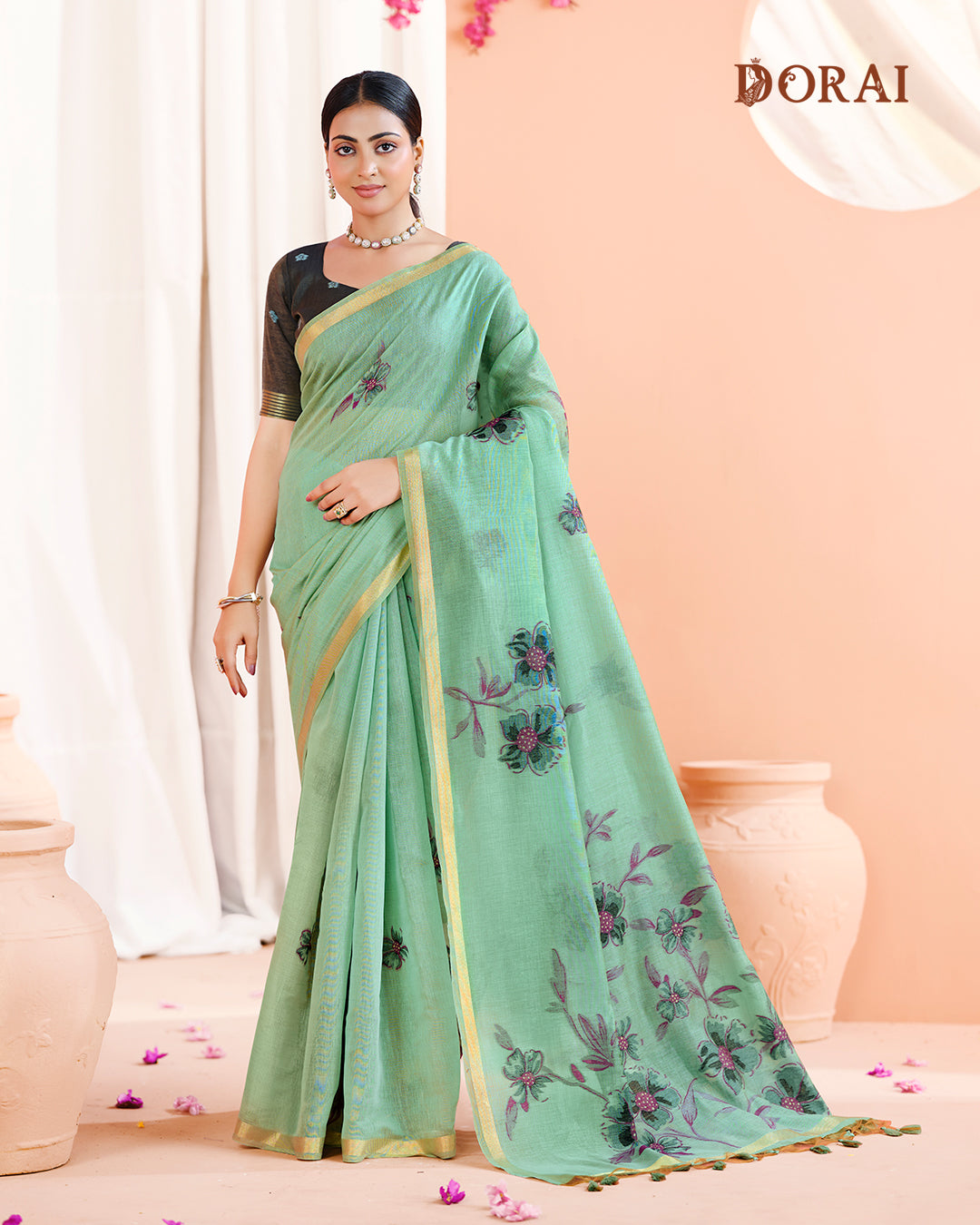 Seafoam Green Jamdani Muga Cotton Saree | Floral Woven Motifs