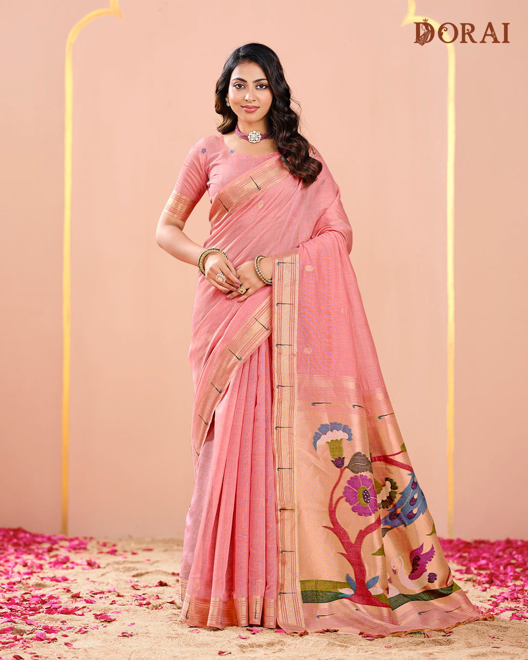 Rose Pink Handloom Silk Saree with Tree of Life Weave Pallu | Paithani Inspired Woven Motifs