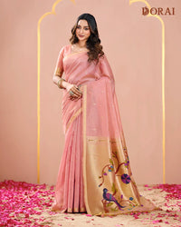 Rosy Sheen – Pink Muga Tissue Cotton Saree with Nature Artistry