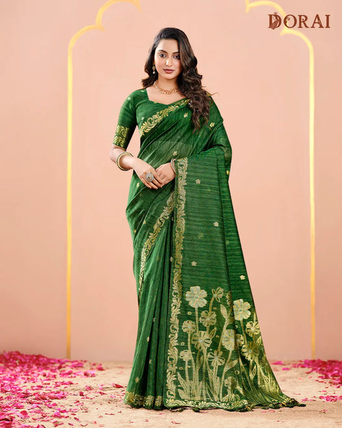 Emerald Grace – Green Jute Linen Saree with Floral Artistry