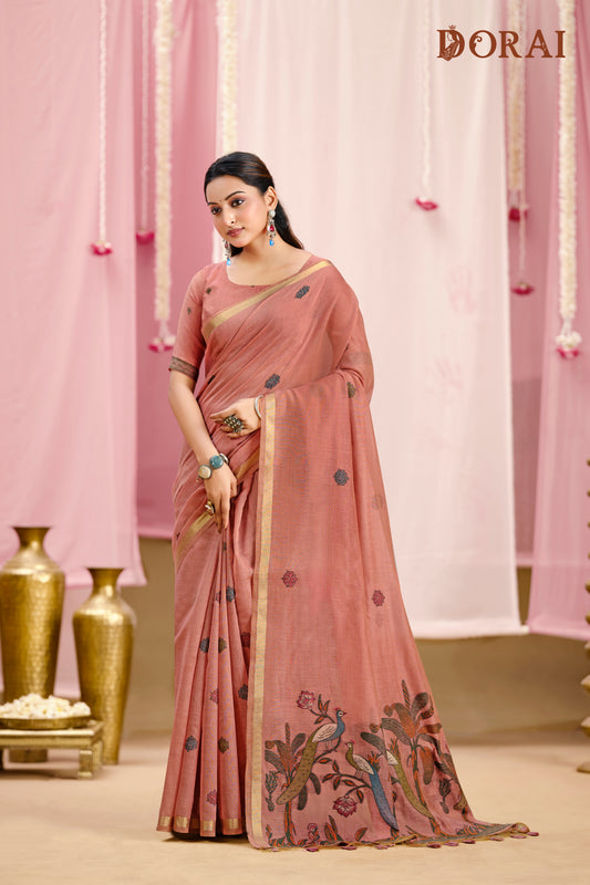 Dusty Rose Muga-Cotton Saree | Golden Zari and Peacock Motifs