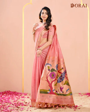 Rose Radiance – Pink Muga Cotton Saree with Paithani Artistry