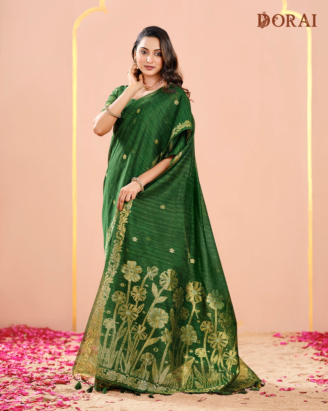 Emerald Green Zari Jamdani Saree | Bengal Handloom Jute Linen-Cotton