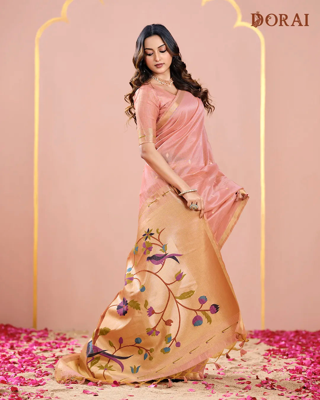 Rosy Sheen – Pink Muga Tissue Cotton Saree with Nature Artistry