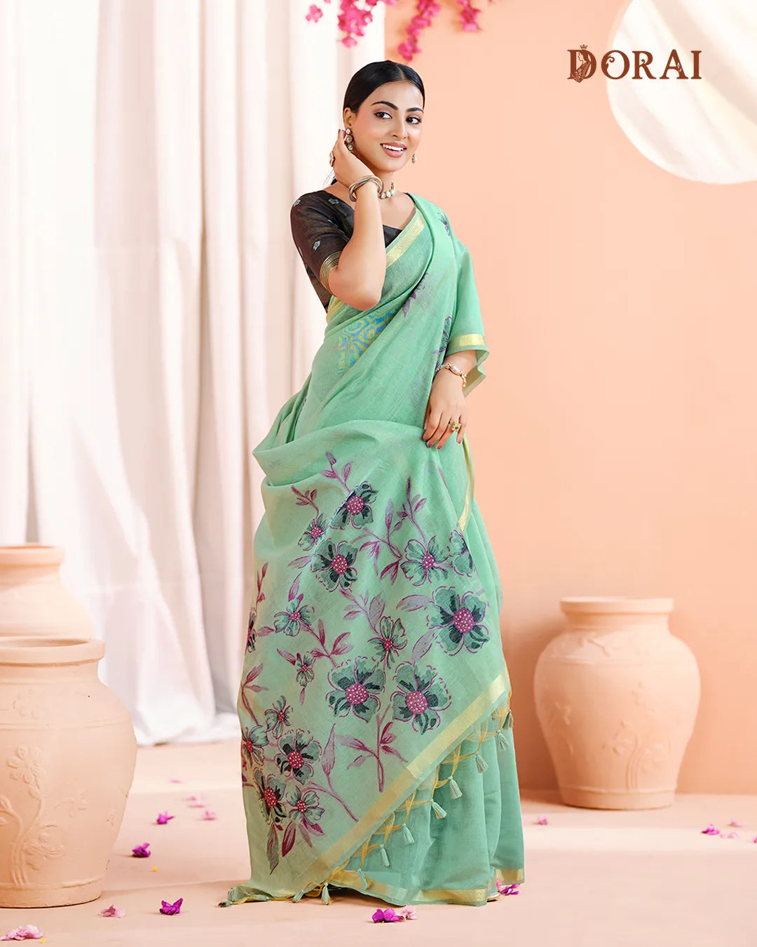 Azure Bloom – Sky Blue Muga Cotton Saree with Botanical Artistry