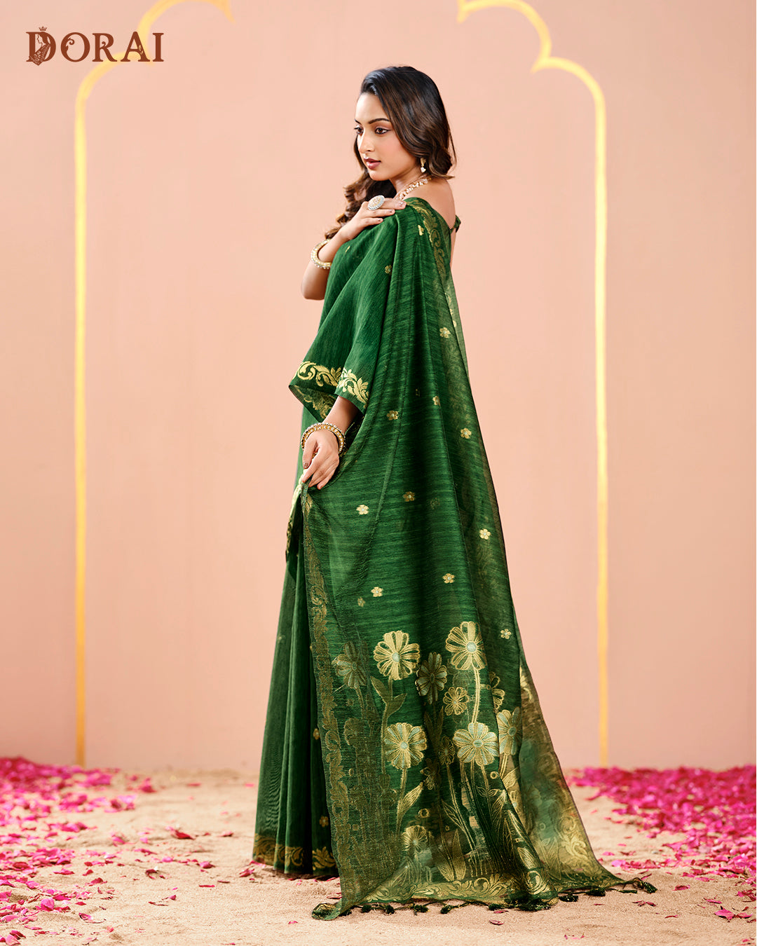 Emerald Green Zari Jamdani Saree | Bengal Handloom Jute Linen-Cotton