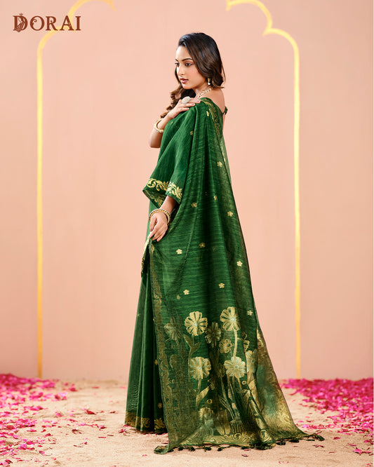 Emerald Green Zari Jamdani Saree | Bengal Handloom Jute Linen-Cotton
