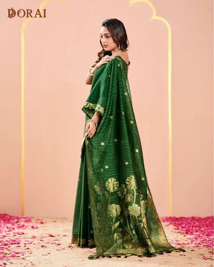 Emerald Grace – Green Jute Linen Saree with Floral Artistry