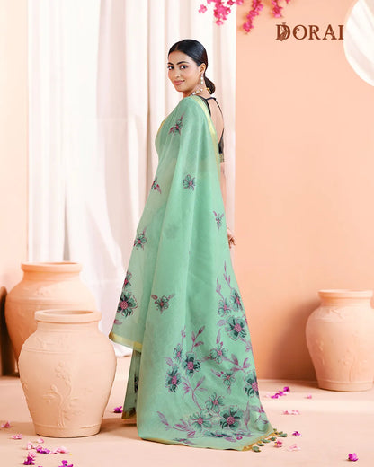 Azure Bloom – Sky Blue Muga Cotton Saree with Botanical Artistry