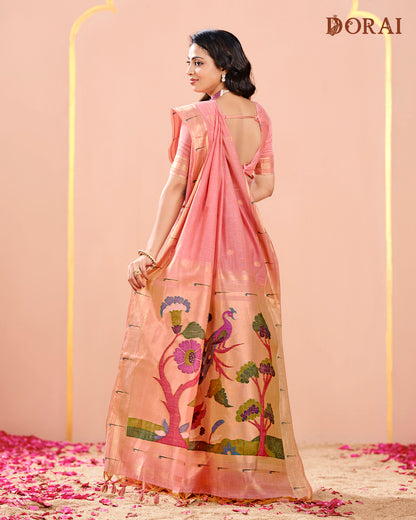 Rose Pink Handloom Silk Saree with Tree of Life Weave Pallu | Paithani Inspired Woven Motifs