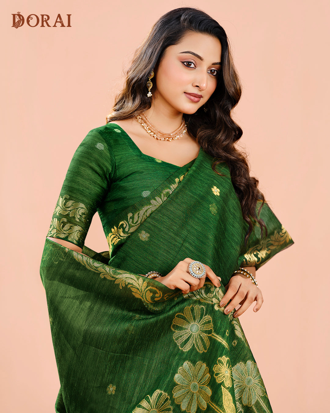 Emerald Green Zari Jamdani Saree | Bengal Handloom Jute Linen-Cotton