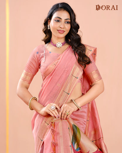 Rose Pink Handloom Silk Saree with Tree of Life Weave Pallu | Paithani Inspired Woven Motifs