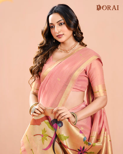 Blush Pink Zari Jamdani Muga Tissue Cotton Saree | Grand Woven Pallu