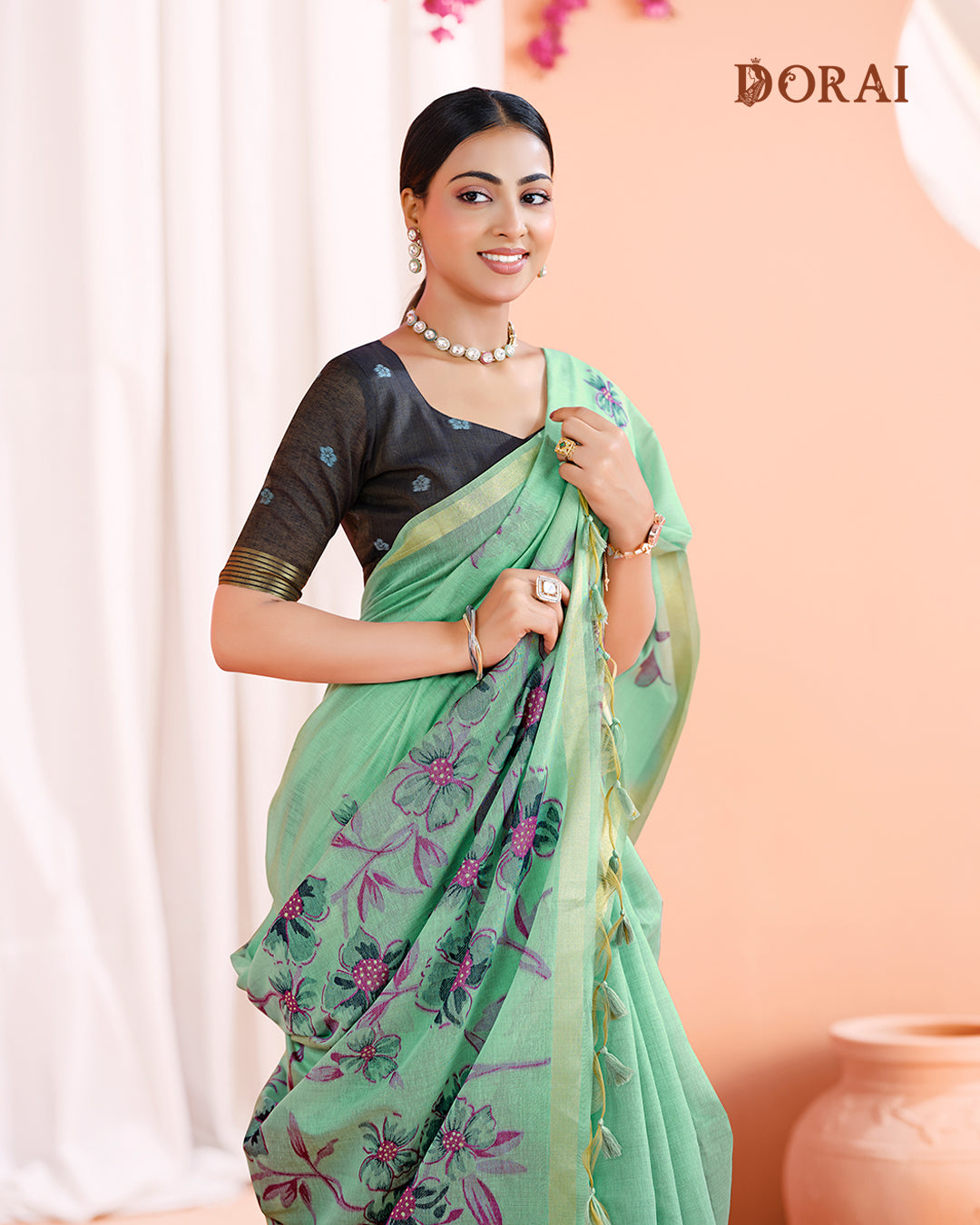 Seafoam Green Jamdani Muga Cotton Saree | Floral Woven Motifs