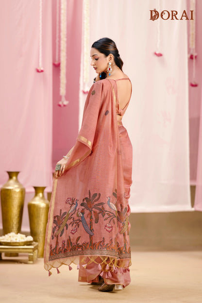 Blush Radiance – Rose Muga Cotton Saree with Peacock Artistry