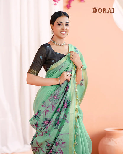 Azure Bloom – Sky Blue Muga Cotton Saree with Botanical Artistry