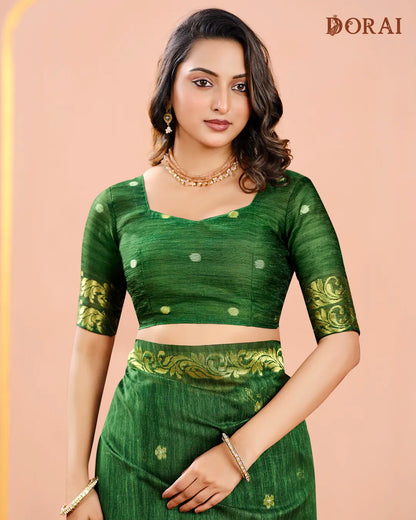 Emerald Grace – Green Jute Linen Saree with Floral Artistry
