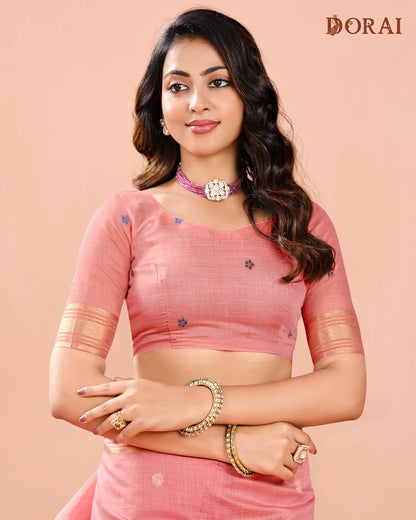 Rose Radiance – Pink Muga Cotton Saree with Paithani Artistry