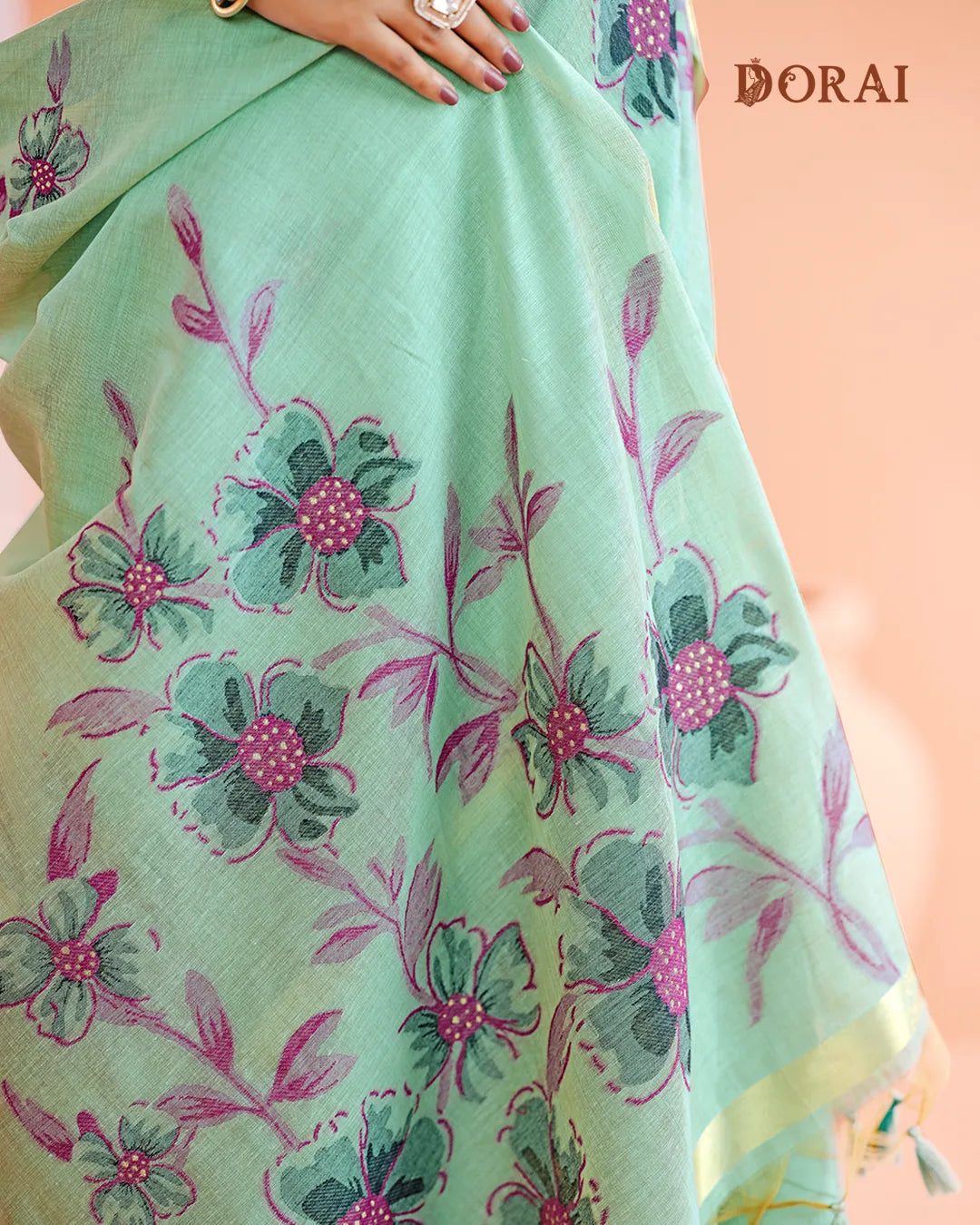 Azure Bloom – Sky Blue Muga Cotton Saree with Botanical Artistry