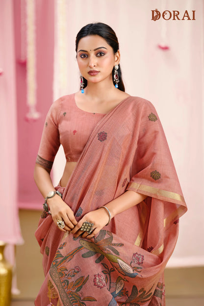 Blush Radiance – Rose Muga Cotton Saree with Peacock Artistry