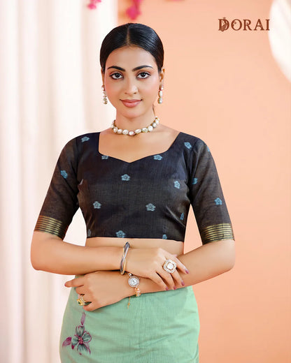 Azure Bloom – Sky Blue Muga Cotton Saree with Botanical Artistry