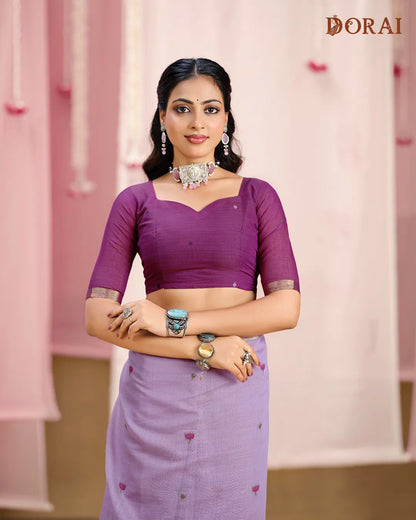 Lilac Grace – Lavender Muga Cotton Saree with Pichwai Artistry