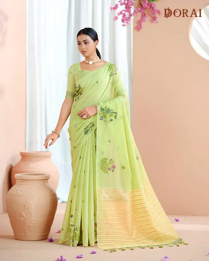 Mint Fresh – Pista Green Muga Cotton Saree with Floral Glow