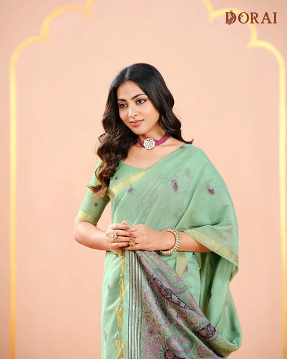 Azure Heritage – Sky Blue Muga Cotton Saree with Mango Motifs