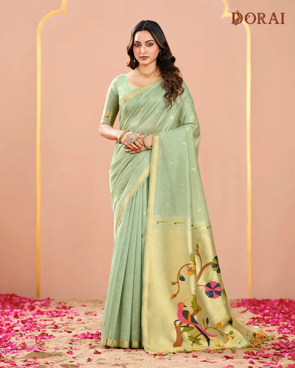 Rosy Sheen – Pink Muga Tissue Cotton Saree with Nature Artistry