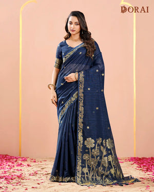 Navy Blue Jute Linen Saree with Floral Motifs