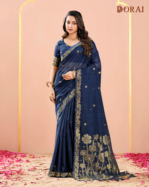 Navy Blue Jute Linen Saree with Floral Motifs