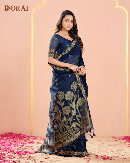 Navy Blue Zari Jamdani Saree | Handloom Jute Linen-Cotton Weave