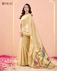 Chikoo Paithani Muga Cotton Saree with Traditional Peacock Pallu