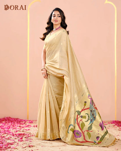 Chikoo Paithani Muga Cotton Saree with Traditional Peacock Pallu
