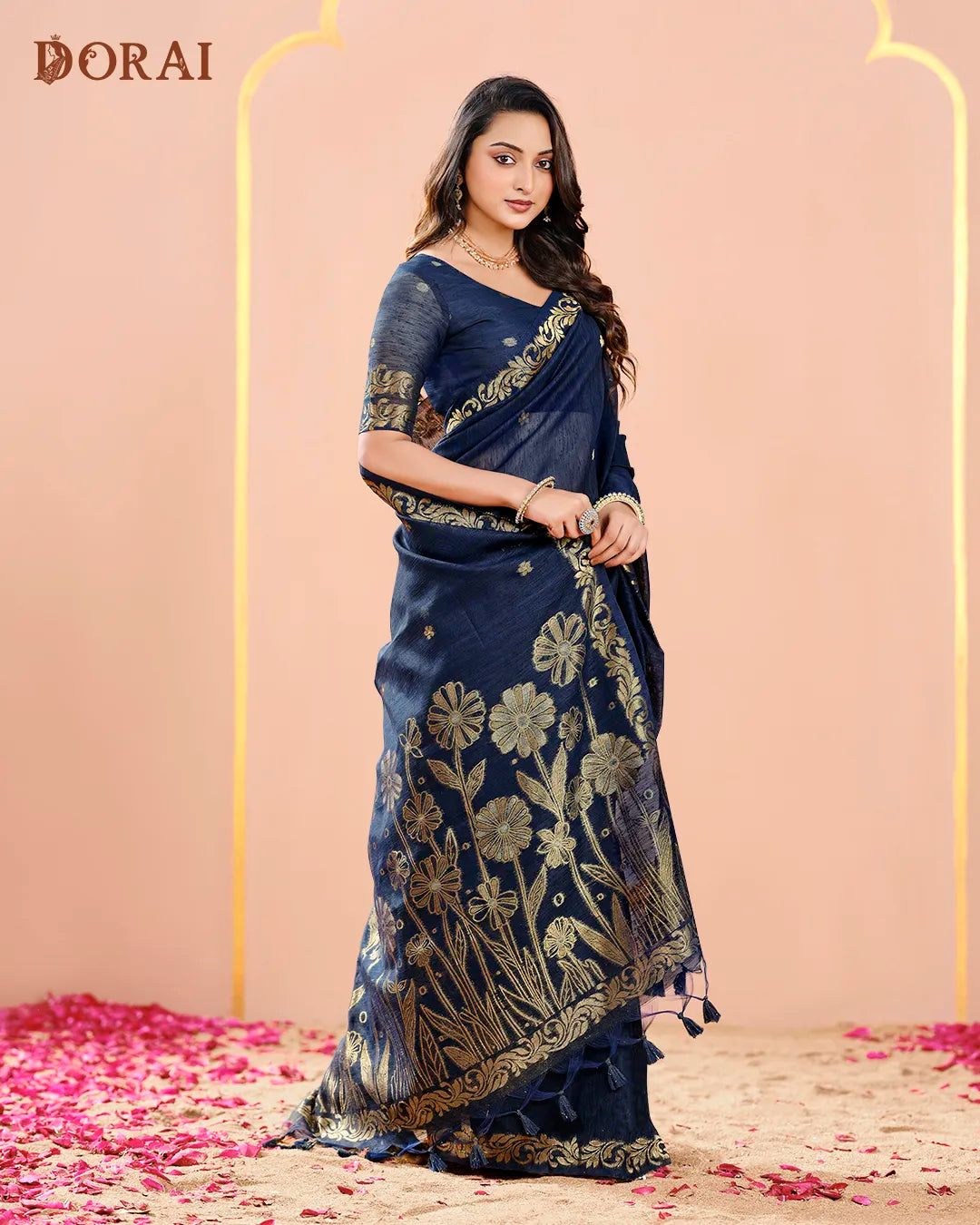 Navy Blue Jute Linen Saree with Floral Motifs