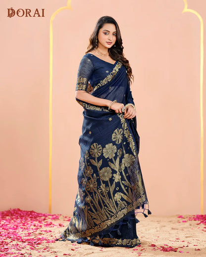Navy Blue Jute Linen Saree with Floral Motifs