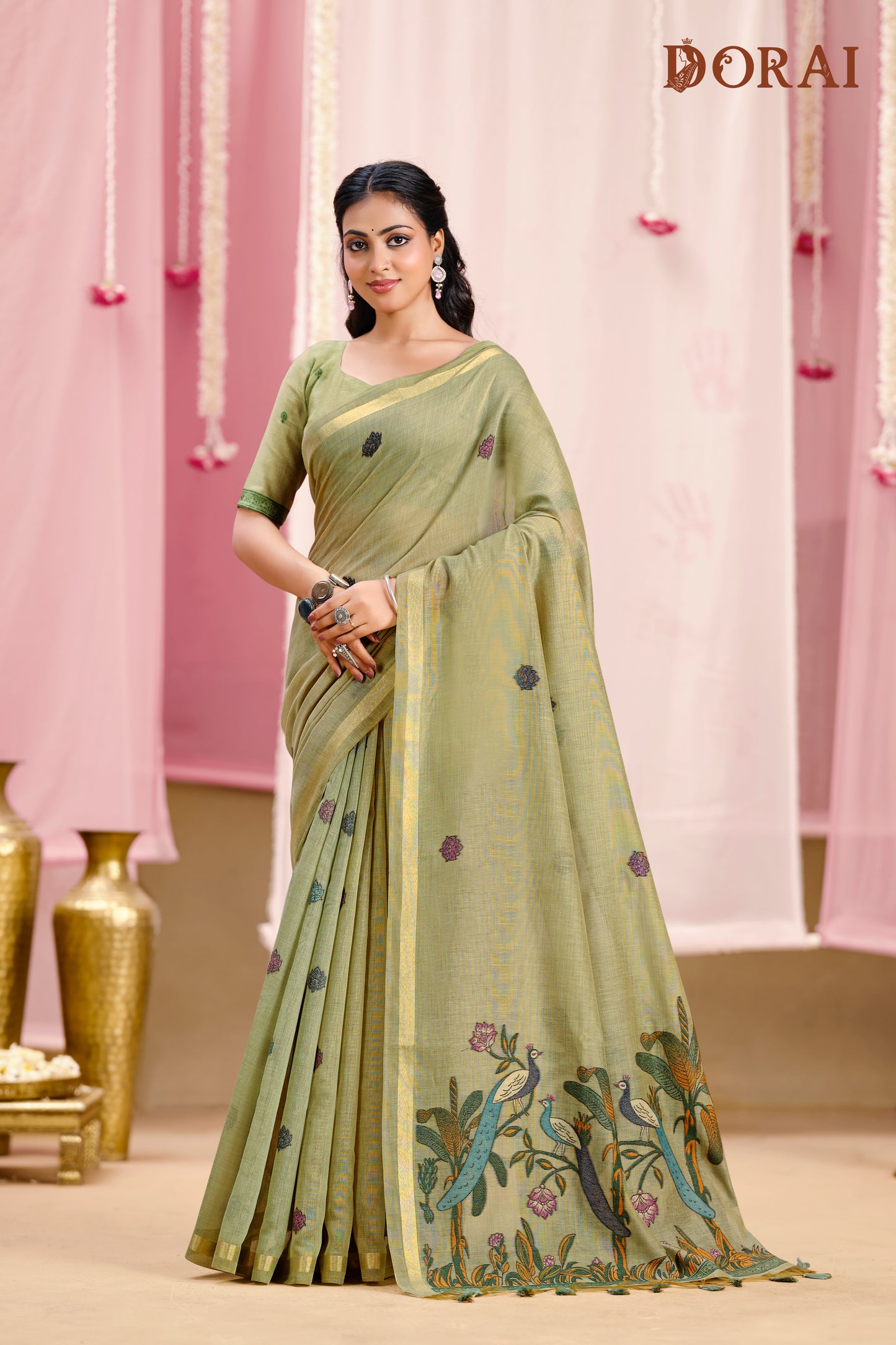 Olive Green Jamdani Muga-cotton Saree | Handwoven Peacock Motifs