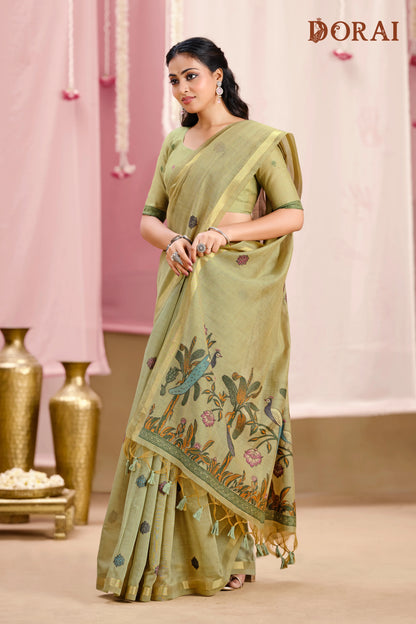 Royal Pista Green Muga Cotton Saree with Peacock Pallu