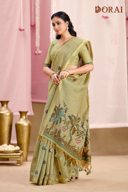 Olive Green Jamdani Muga-cotton Saree | Handwoven Peacock Motifs