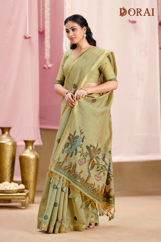 Olive Green Jamdani Muga-cotton Saree | Handwoven Peacock Motifs
