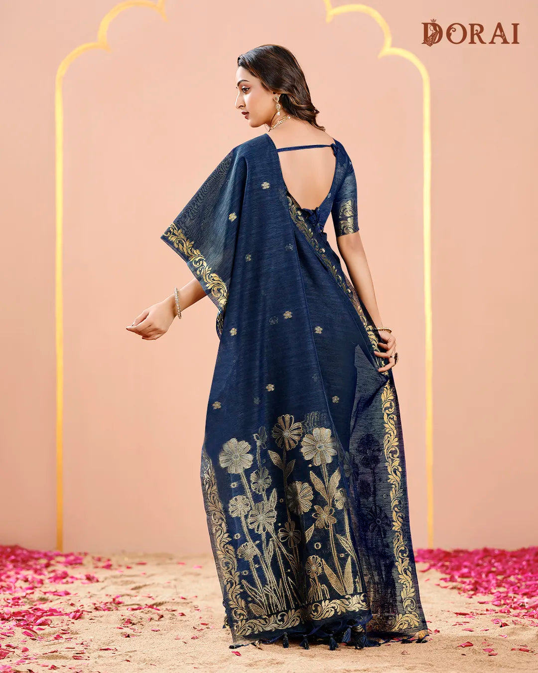 Navy Blue Jute Linen Saree with Floral Motifs