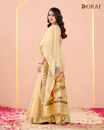 Chikoo Paithani Muga Cotton Saree with Traditional Peacock Pallu